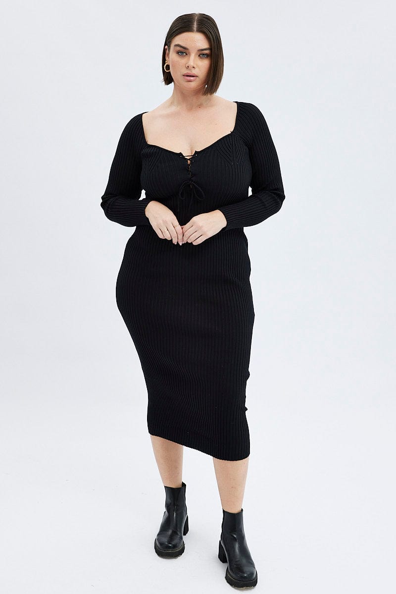 Black Knit Dress Lace Up Front Long Sleeve Rib for YouandAll Fashion