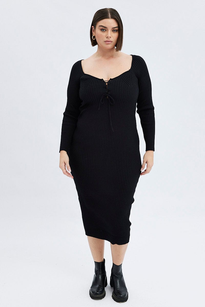 Black Knit Dress Lace Up Front Long Sleeve Rib for YouandAll Fashion