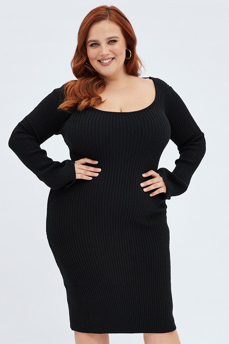 Black Mini Dress Scoop Neck Knit Flare Sleeve | You & All Black Mini Dress Scoop Neck Knit Flare Sleeve | You & All