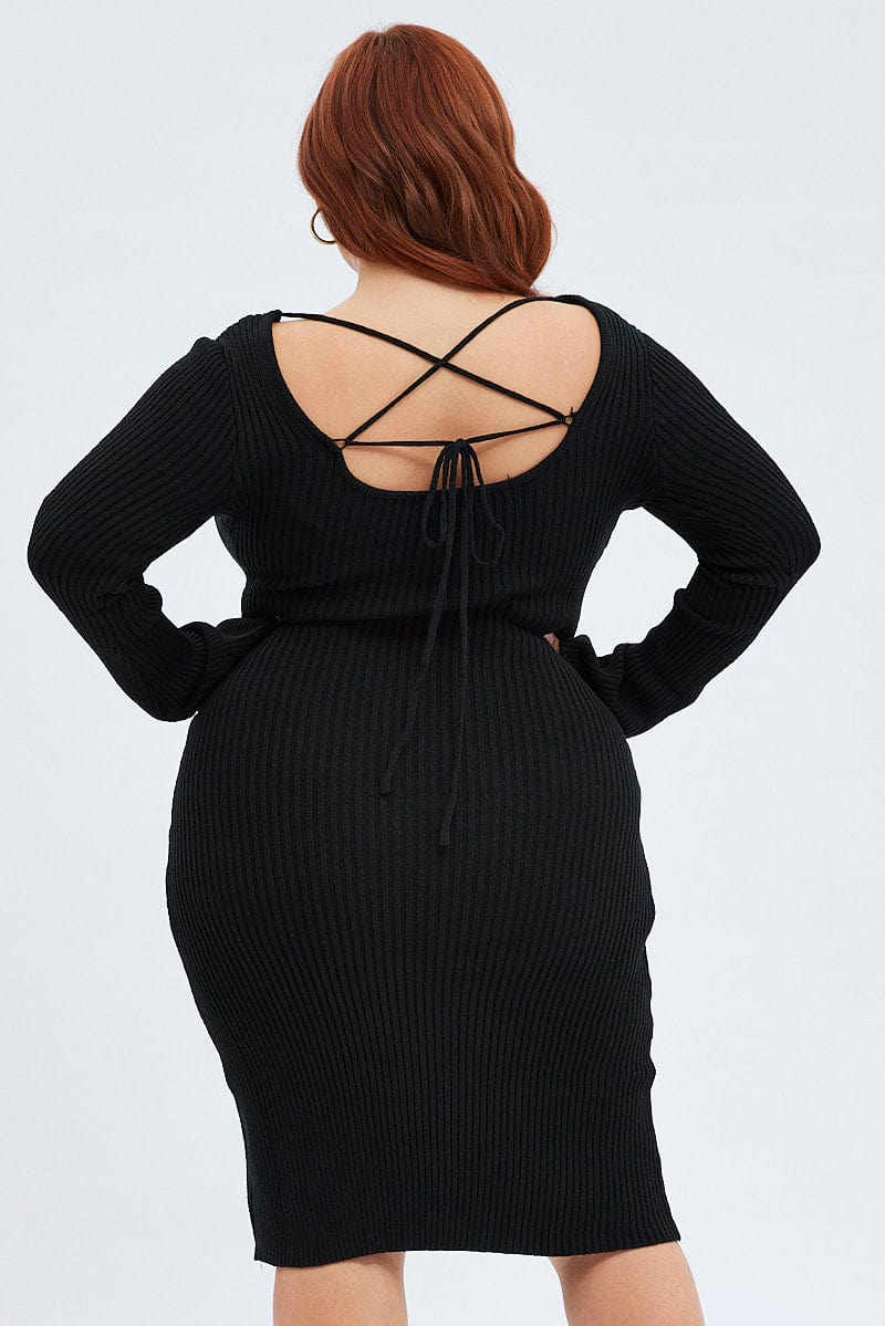 Black Mini Dress Scoop Neck Knit Flare Sleeve for YouandAll Fashion