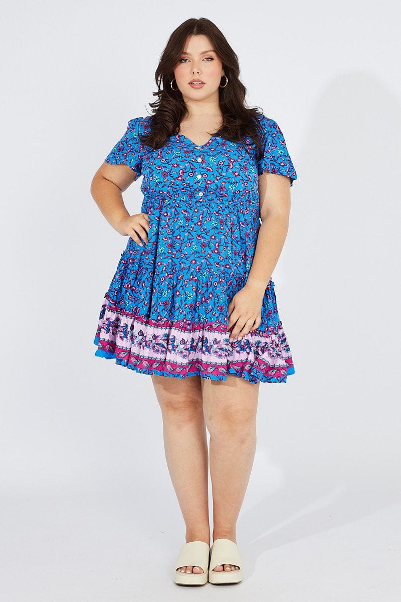 Blue Boho Fit And Flare Dress V-neck Mini Dress | You & All Blue Boho Fit And Flare Dress V-neck Mini Dress | You & All