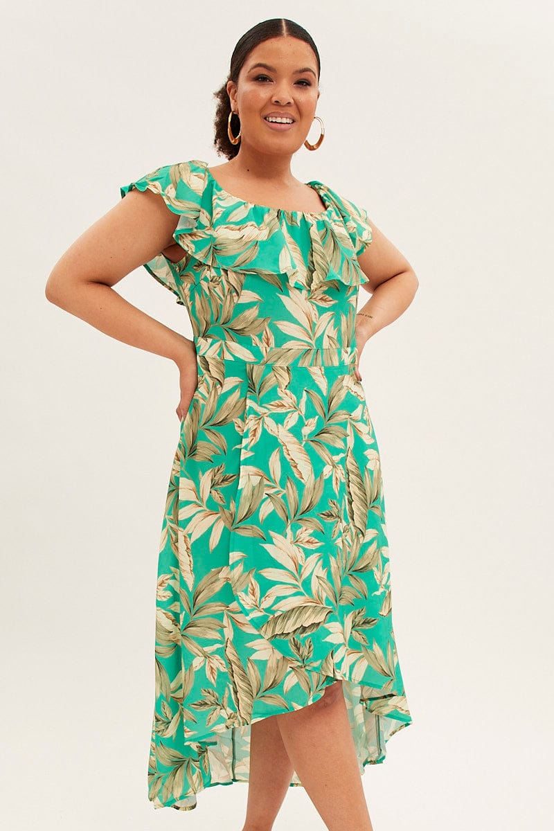 Green Floral Maxi Dress Off Shoulder Crepe for YouandAll Fashion