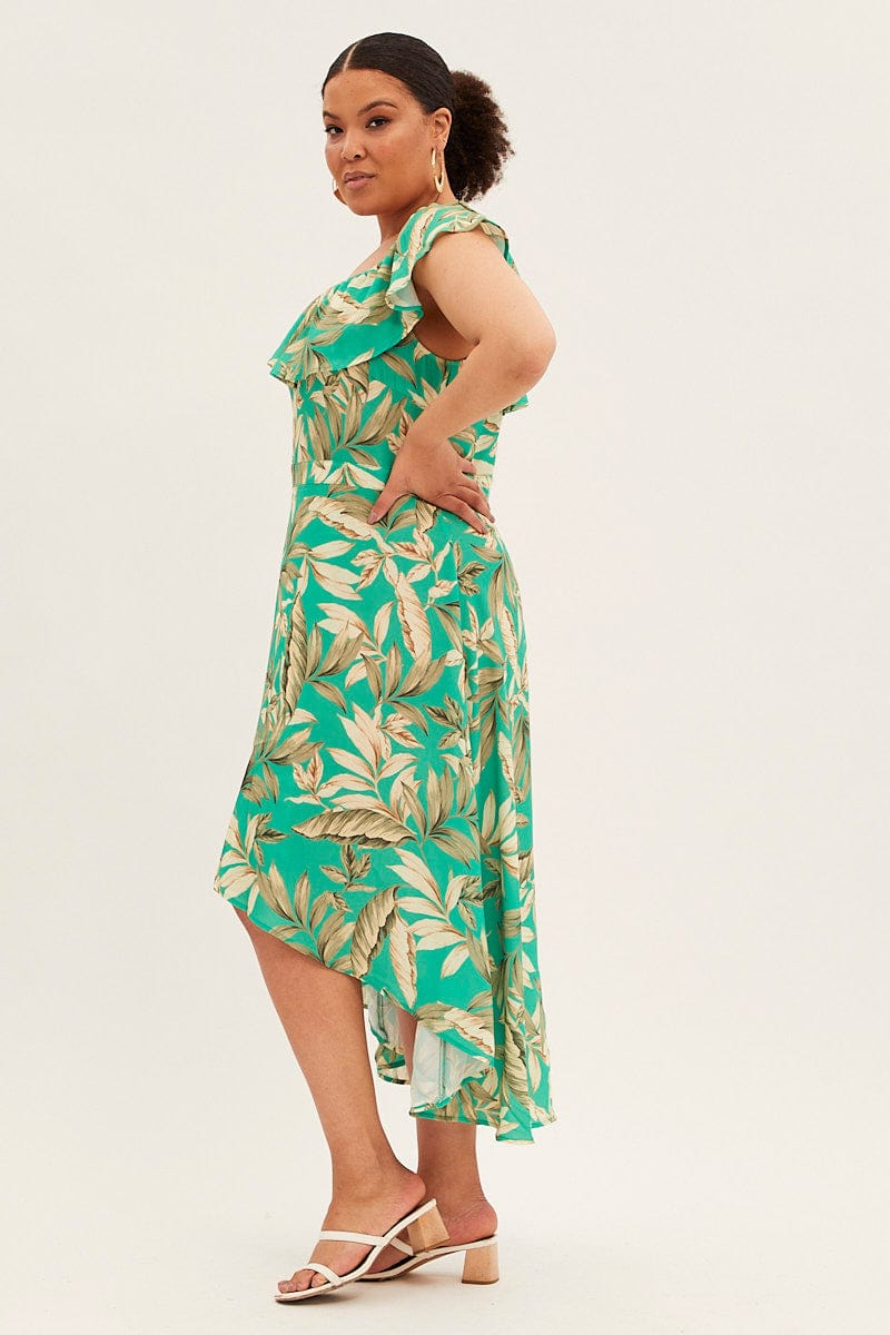 Green Floral Maxi Dress Off Shoulder Crepe for YouandAll Fashion