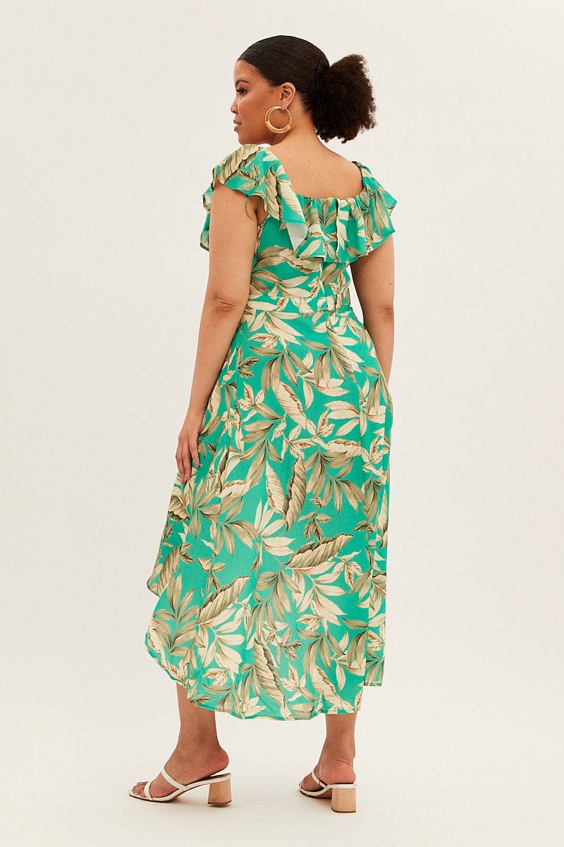 Green Floral Maxi Dress Off Shoulder Crepe for YouandAll Fashion