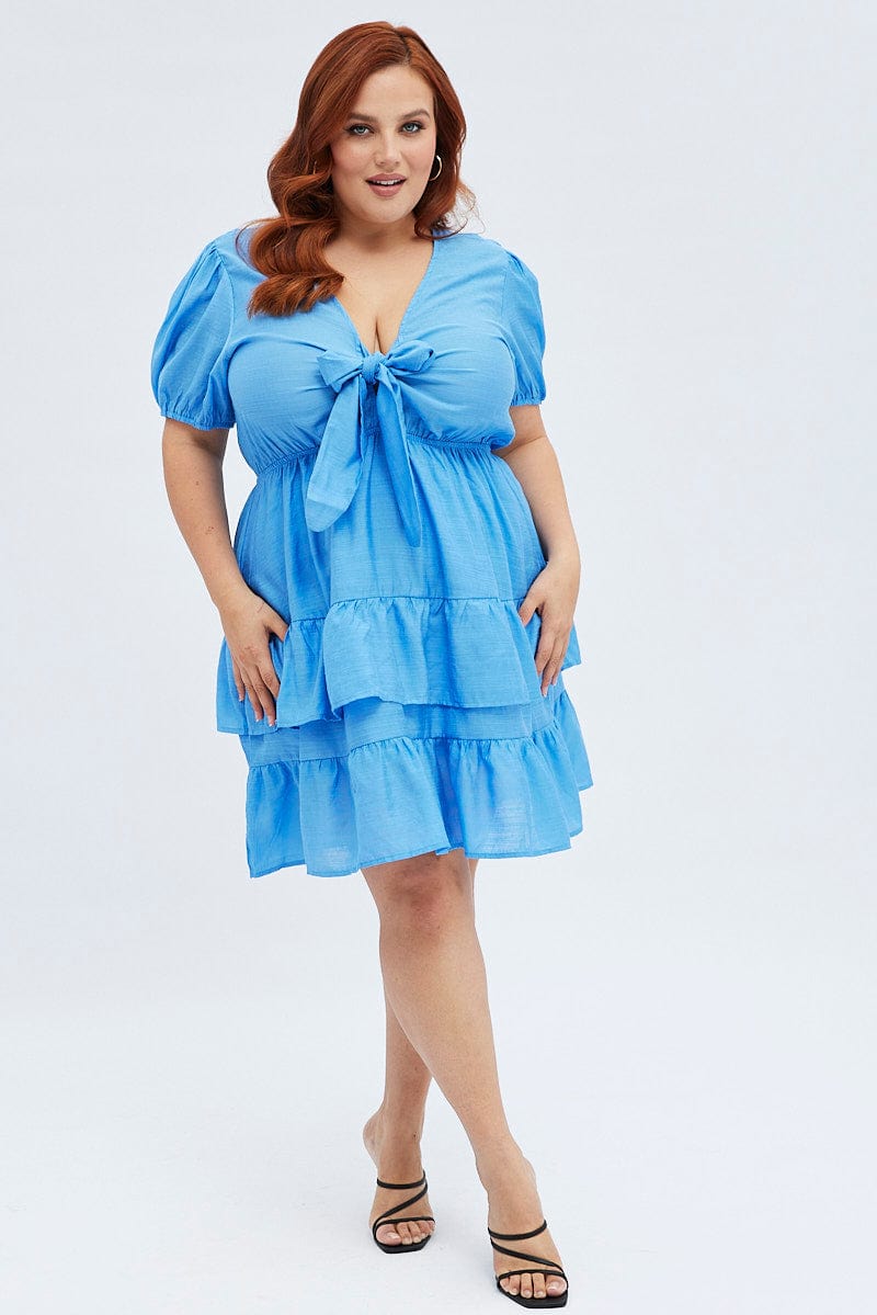 Blue Frill Dress Short Sleeve Tie Front Mini for YouandAll Fashion