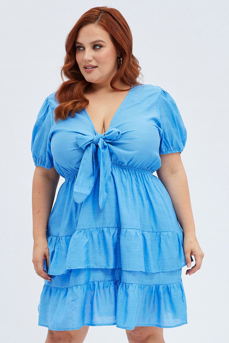 Blue Frill Dress Short Sleeve Tie Front Mini for YouandAll Fashion