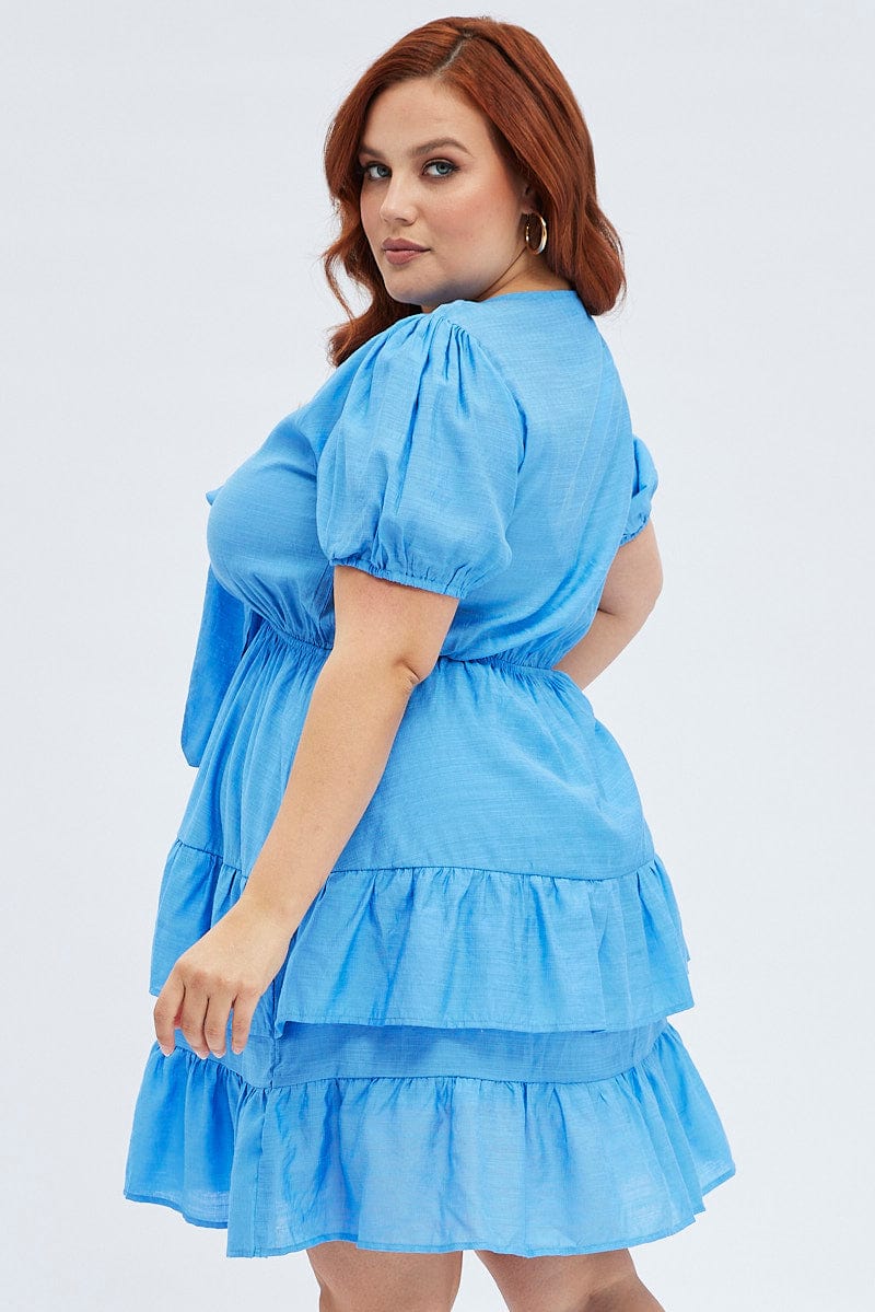 Blue Frill Dress Short Sleeve Tie Front Mini for YouandAll Fashion