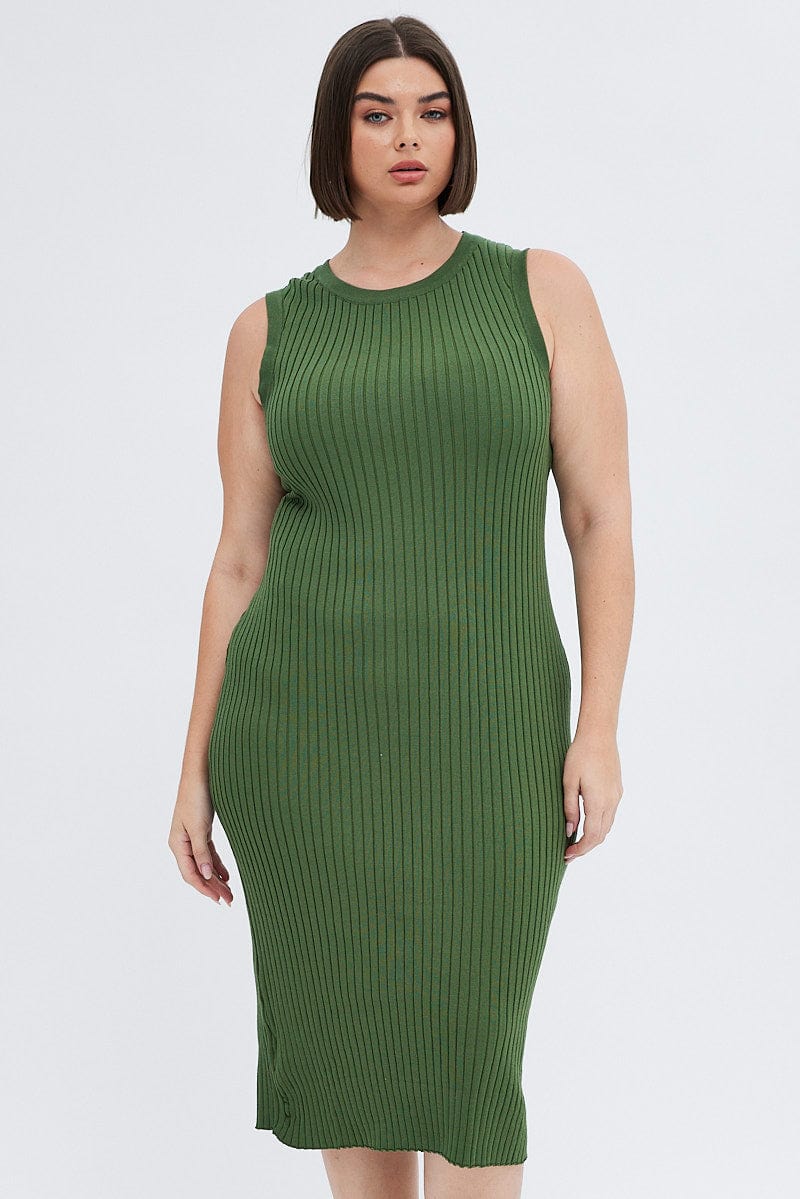 Green Knit Dress Wide Rib High Neck Sleeveless Midi for YouandAll Fashion