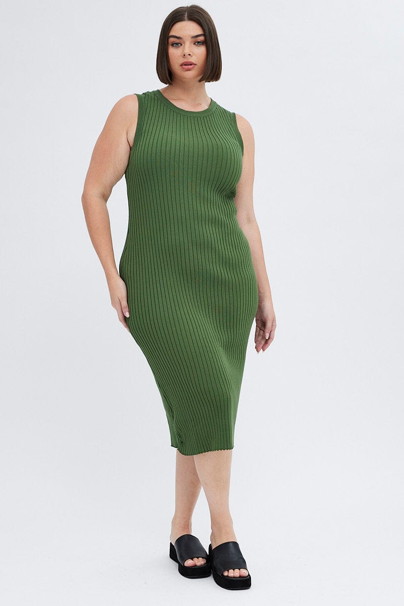 Green Knit Dress Wide Rib High Neck Sleeveless Midi for YouandAll Fashion