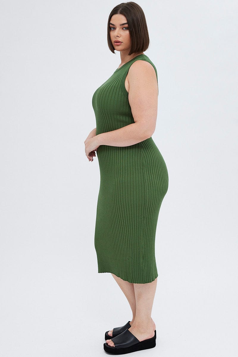 Green Knit Dress Wide Rib High Neck Sleeveless Midi for YouandAll Fashion