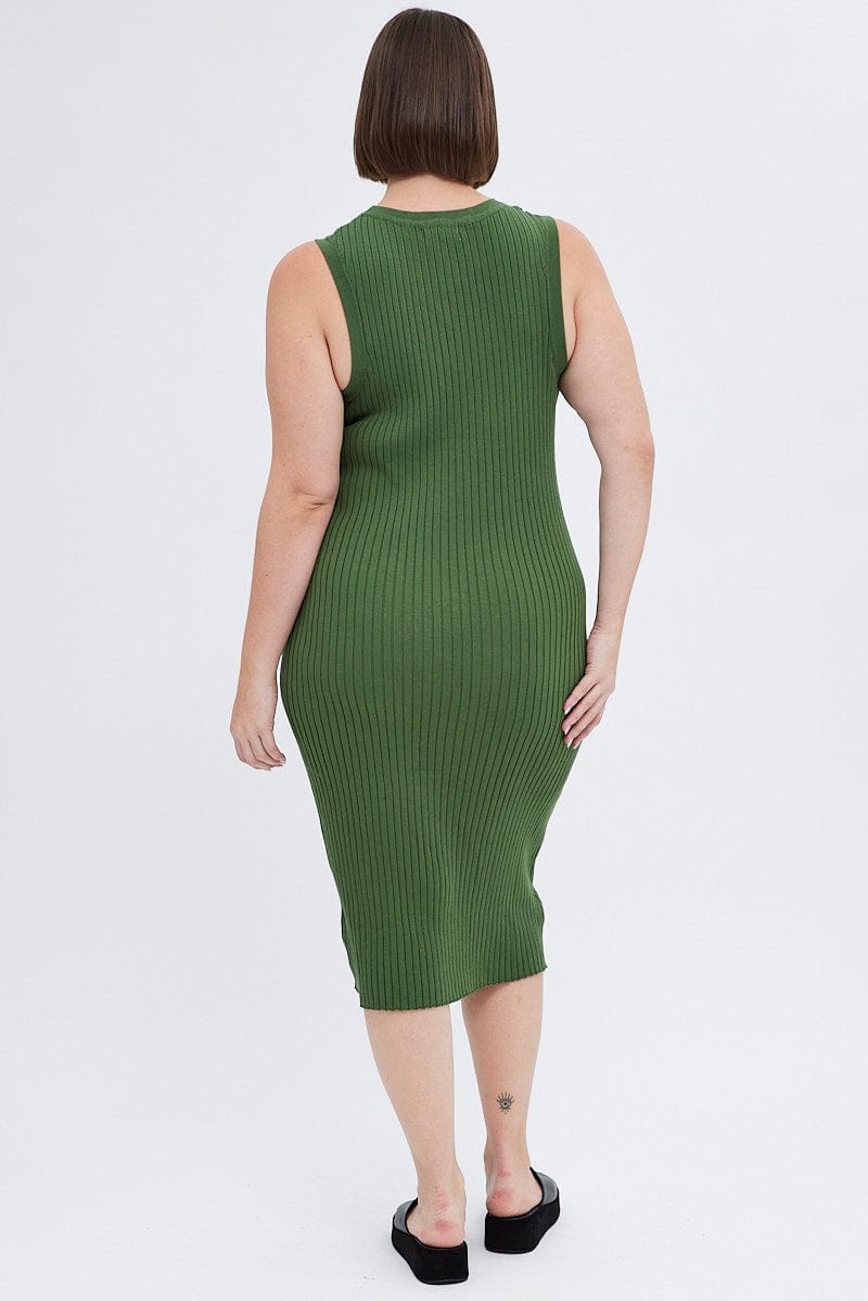 Green Knit Dress Wide Rib High Neck Sleeveless Midi for YouandAll Fashion