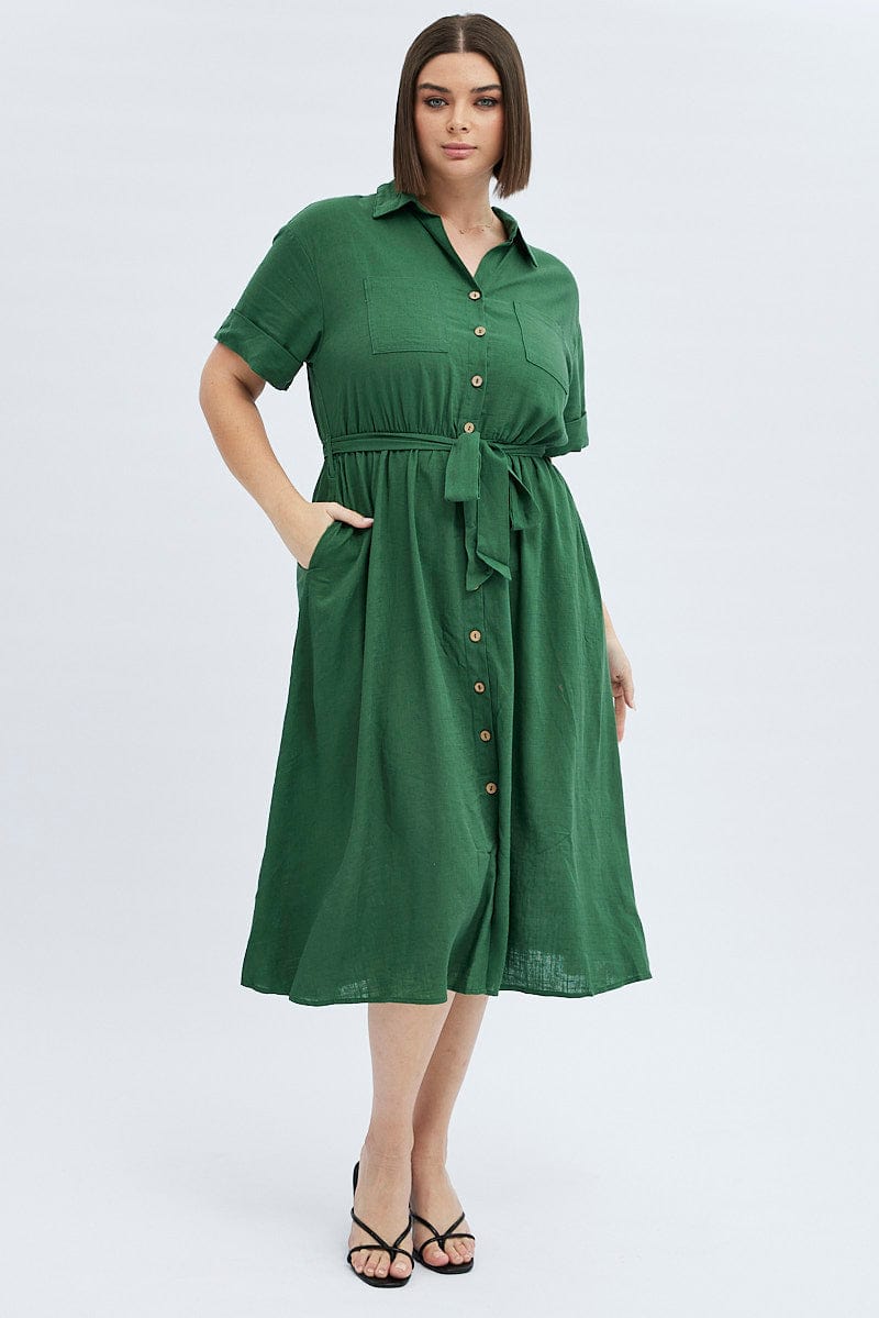 Green Midi Dress Puff Sleeve Belted With Pockets for YouandAll Fashion