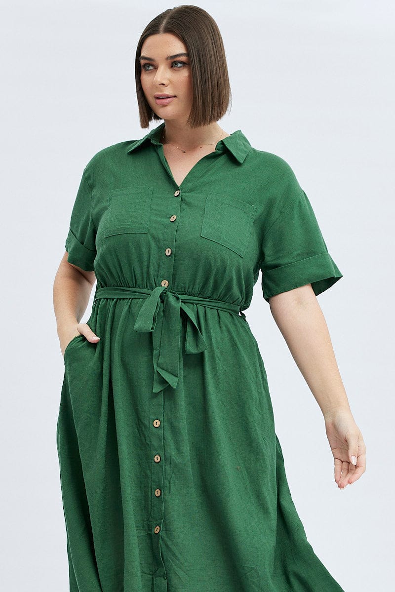 Green Midi Dress Puff Sleeve Belted With Pockets for YouandAll Fashion