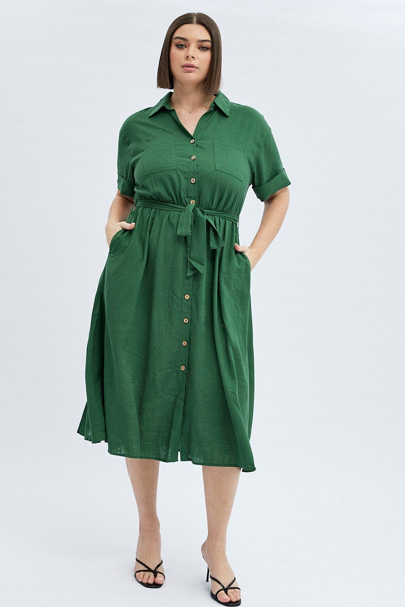 Green Midi Dress Puff Sleeve Belted With Pockets for YouandAll Fashion