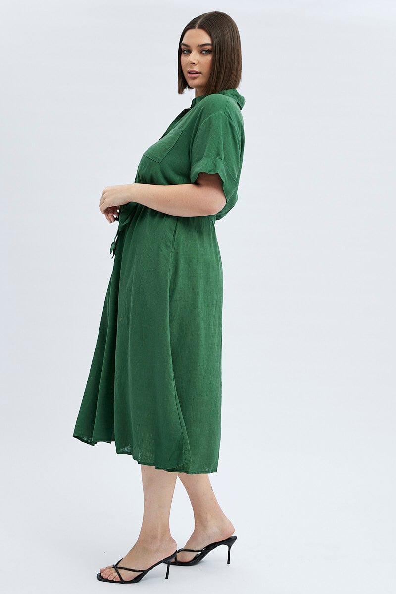 Green Midi Dress Puff Sleeve Belted With Pockets for YouandAll Fashion