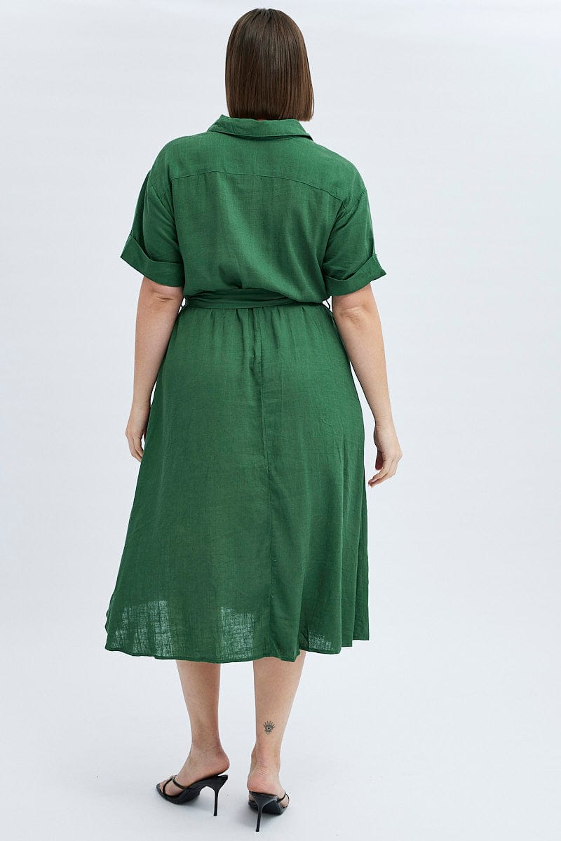 Green Midi Dress Puff Sleeve Belted With Pockets for YouandAll Fashion