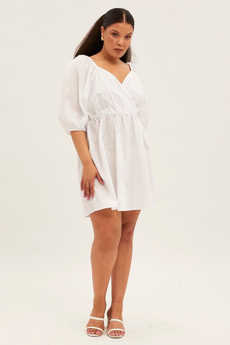 White Mini Dress Short Puff Sleeve Gather Detail for YouandAll Fashion