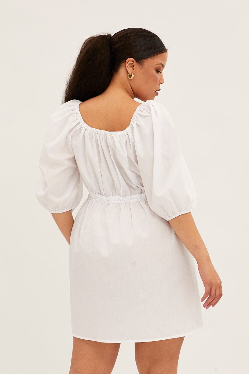 White Mini Dress Short Puff Sleeve Gather Detail for YouandAll Fashion