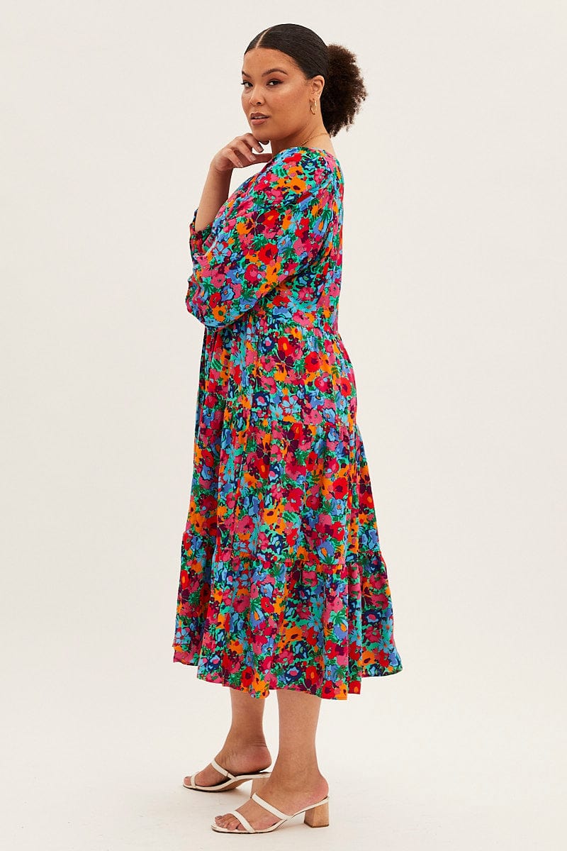 Multi Floral Midi Dress Button Detail Swing Half Sleeve for YouandAll Fashion