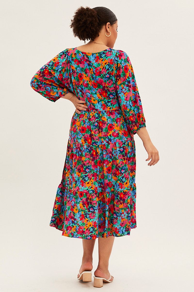 Multi Floral Midi Dress Button Detail Swing Half Sleeve for YouandAll Fashion