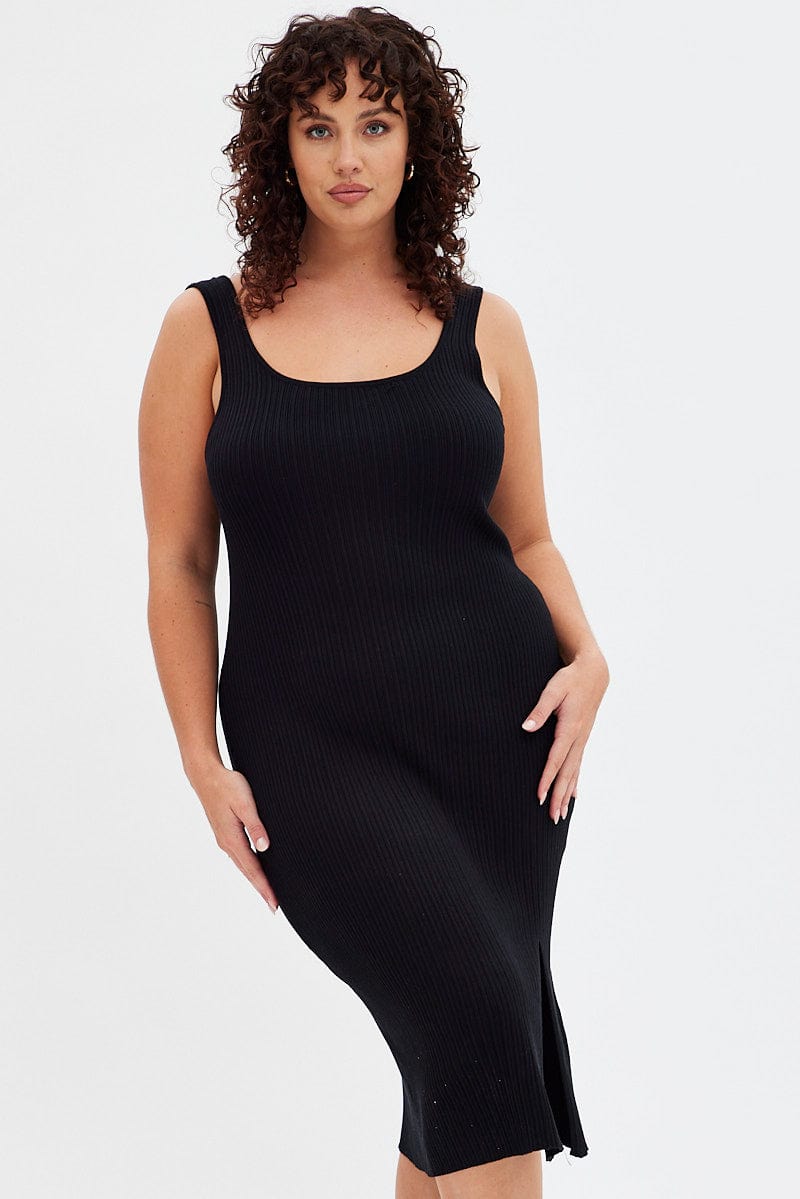Black Knit Dress Sleeveless Split Front Rib Midi You All