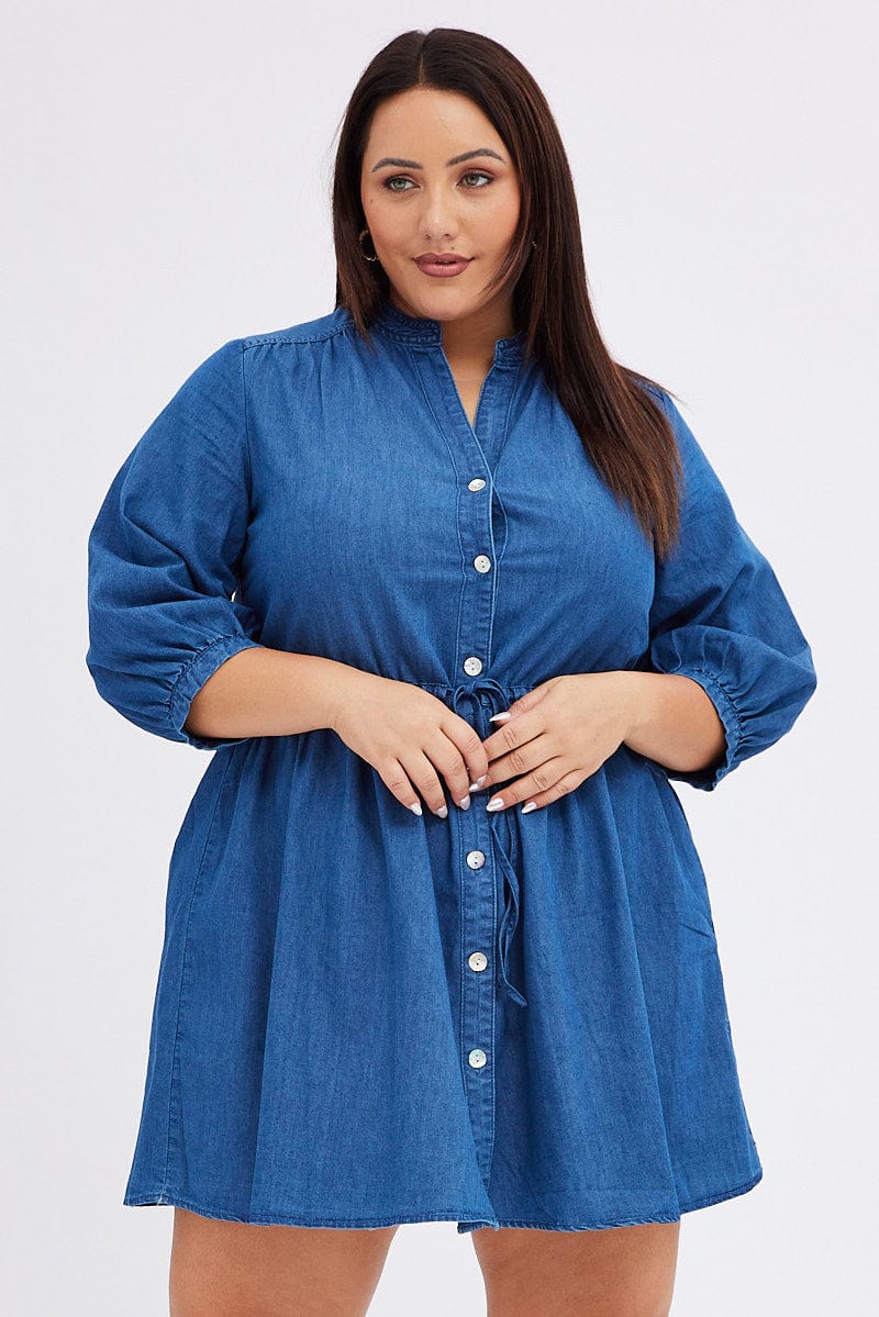 Blue Shirt Dress Denim Look Puff Sleeve for YouandAll Fashion