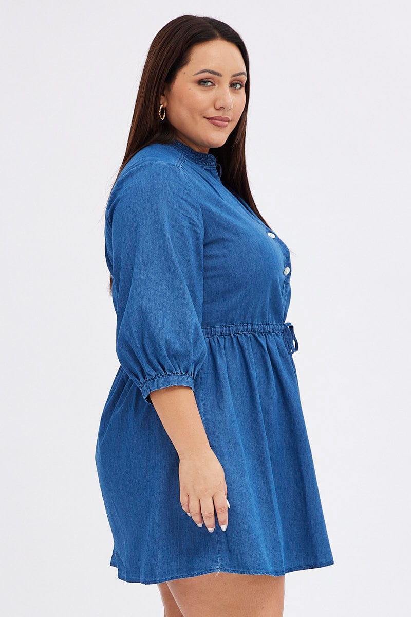 Blue Shirt Dress Denim Look Puff Sleeve | You & All Blue Shirt Dress Denim Look Puff Sleeve | You & All