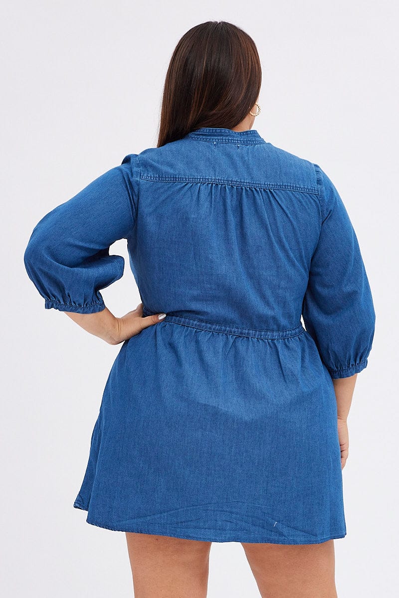 Blue Shirt Dress Denim Look Puff Sleeve for YouandAll Fashion