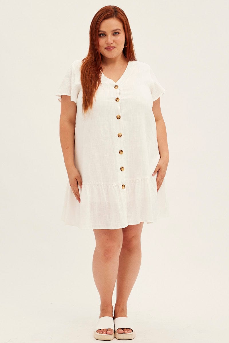 White Mini Dress Drop Hem Button Through Linen Blend for YouandAll Fashion
