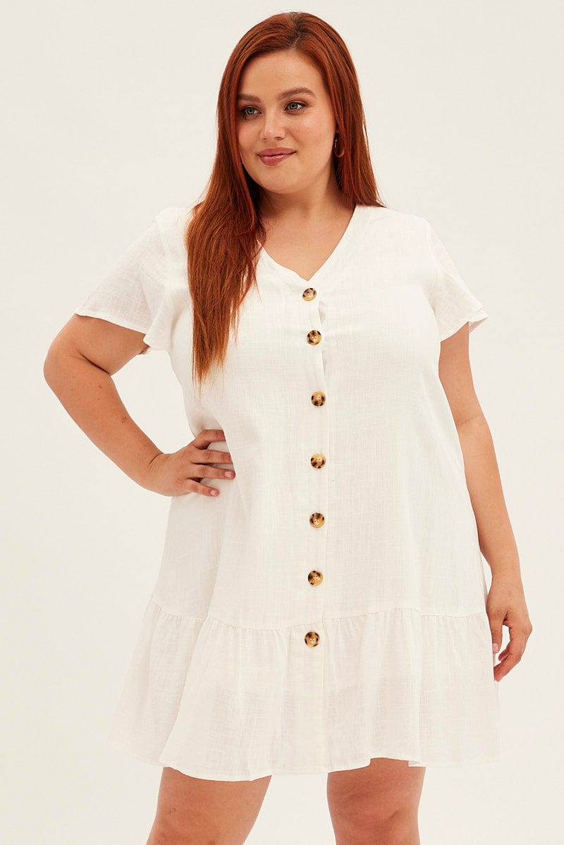 White Mini Dress Drop Hem Button Through Linen Blend for YouandAll Fashion