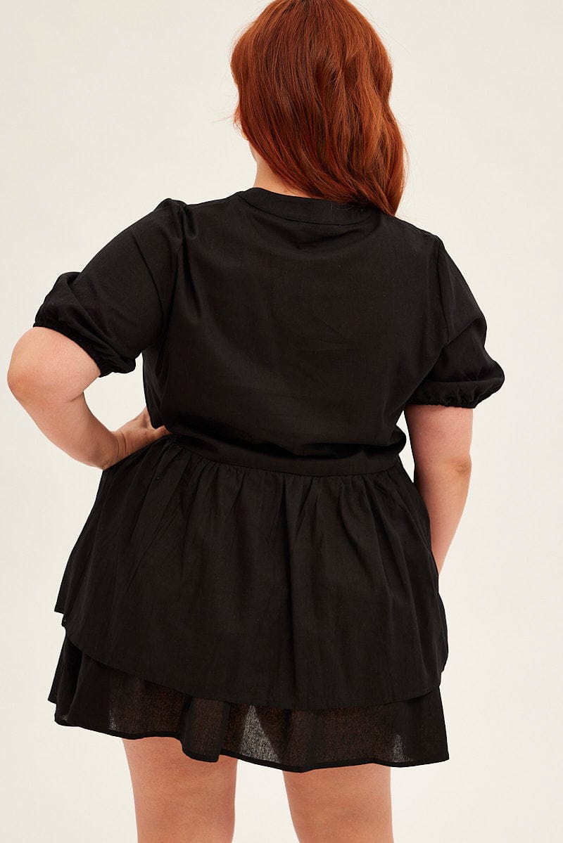 Black Mini Shirtdress Frill Layer Cotton Linen Blend for YouandAll Fashion