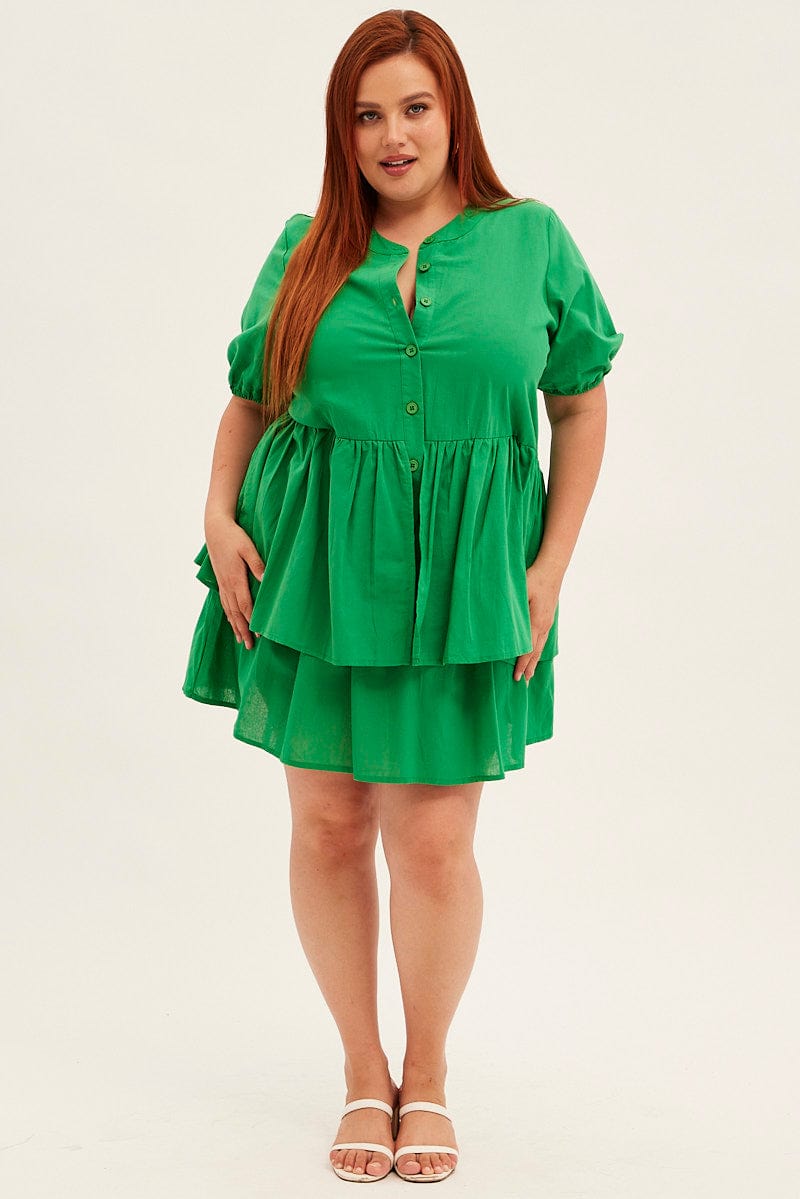 Green Mini Shirtdress Frill Layer Cotton Linen Blend for YouandAll Fashion