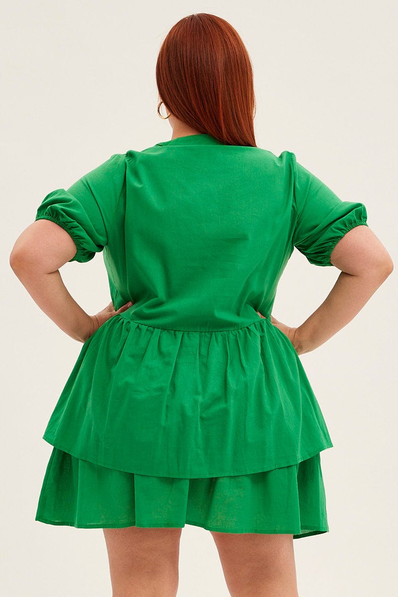 Green Mini Shirtdress Frill Layer Cotton Linen Blend for YouandAll Fashion