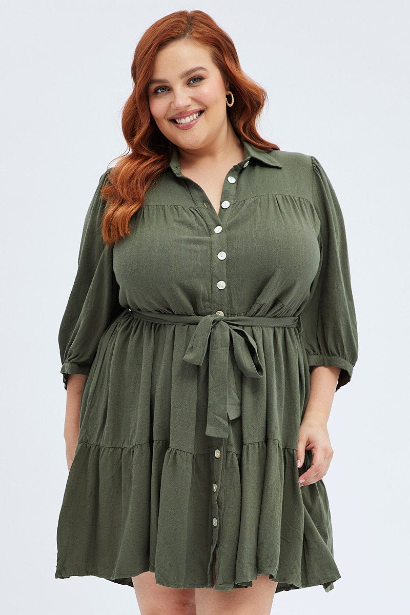 Green Belted Shirtdress Mini Length Linen Blend for YouandAll Fashion