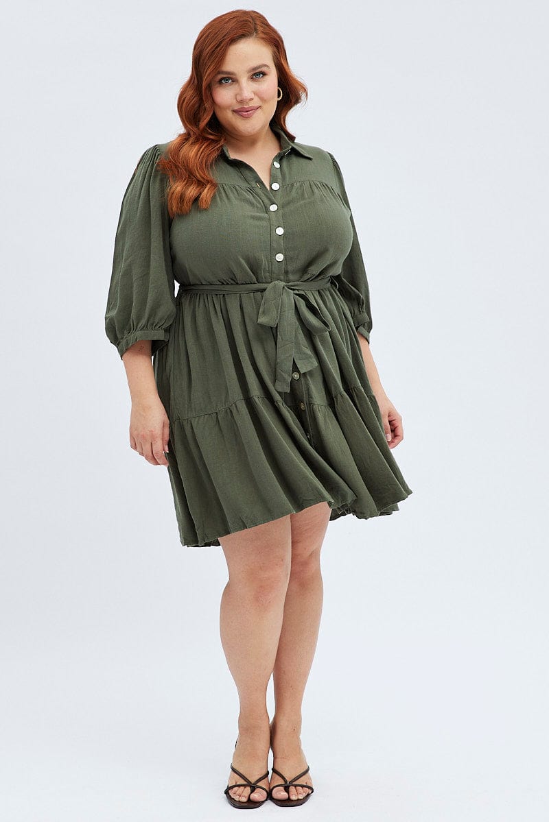 Green Belted Shirtdress Mini Length Linen Blend for YouandAll Fashion