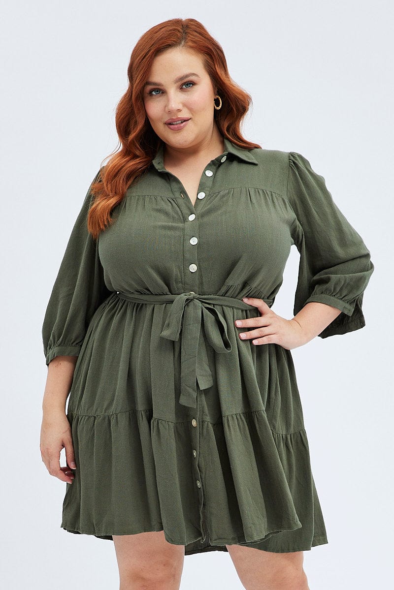 Green Belted Shirtdress Mini Length Linen Blend for YouandAll Fashion