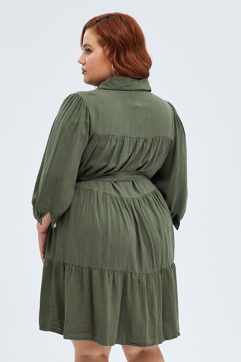 Green Belted Shirtdress Mini Length Linen Blend for YouandAll Fashion