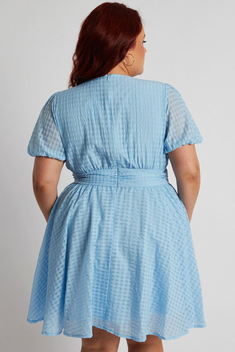 Blue Fit and Flare Dress Short Sleeve Self Check for YouandAll Fashion
