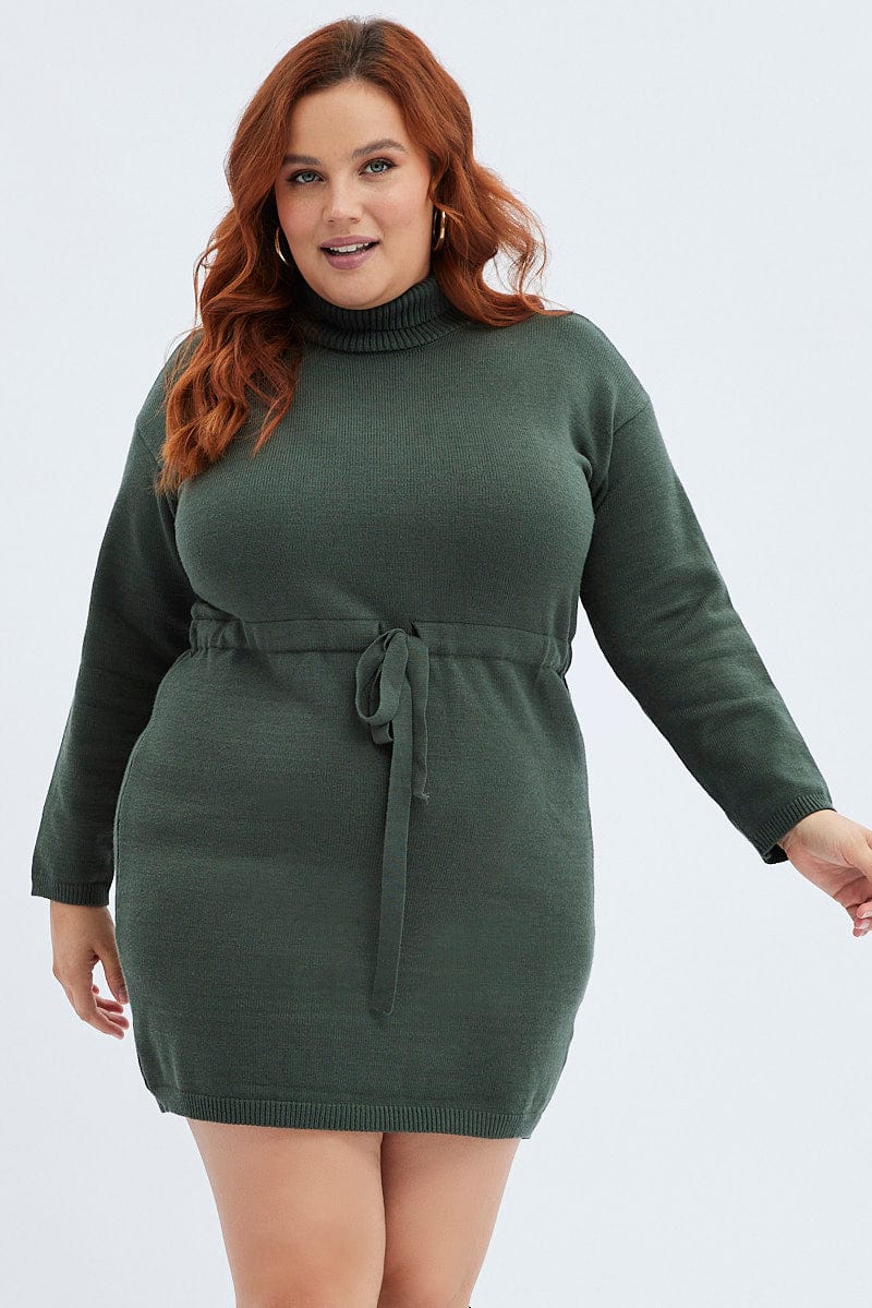 Green Knit Dress High Neck Tie Waist | You & All Green Knit Dress High Neck Tie Waist | You & All