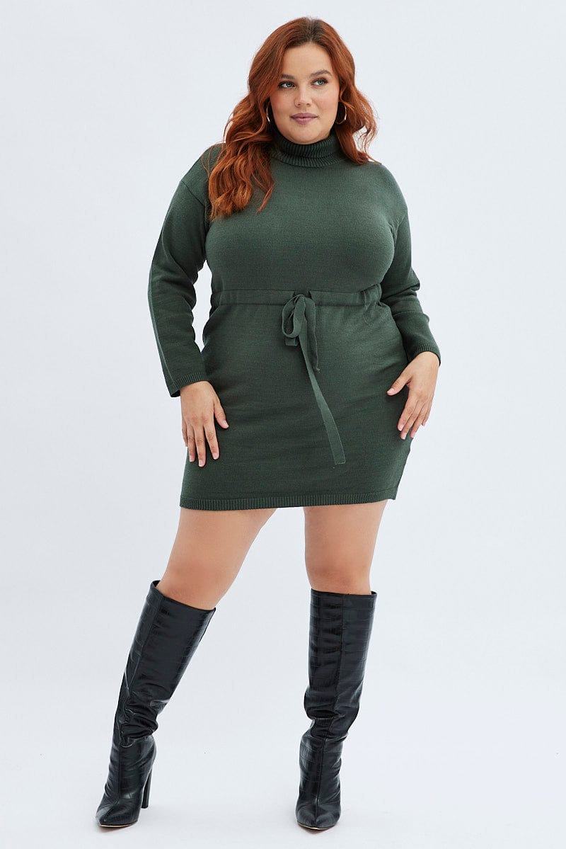 Green Knit Dress High Neck Tie Waist | You & All Green Knit Dress High Neck Tie Waist | You & All