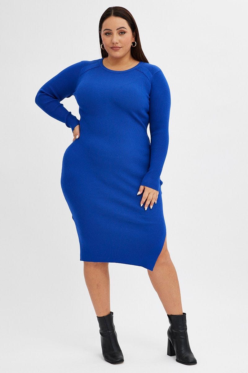 Blue Knit Dress Raglan Round Neck Side Split for YouandAll Fashion