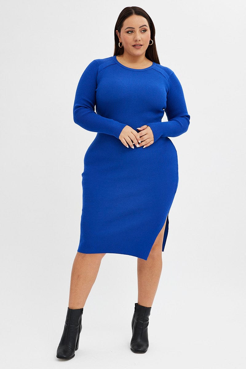 Blue Knit Dress Raglan Round Neck Side Split for YouandAll Fashion