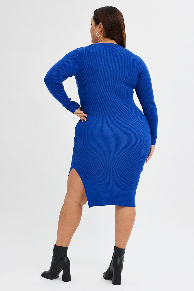 Blue Knit Dress Raglan Round Neck Side Split for YouandAll Fashion