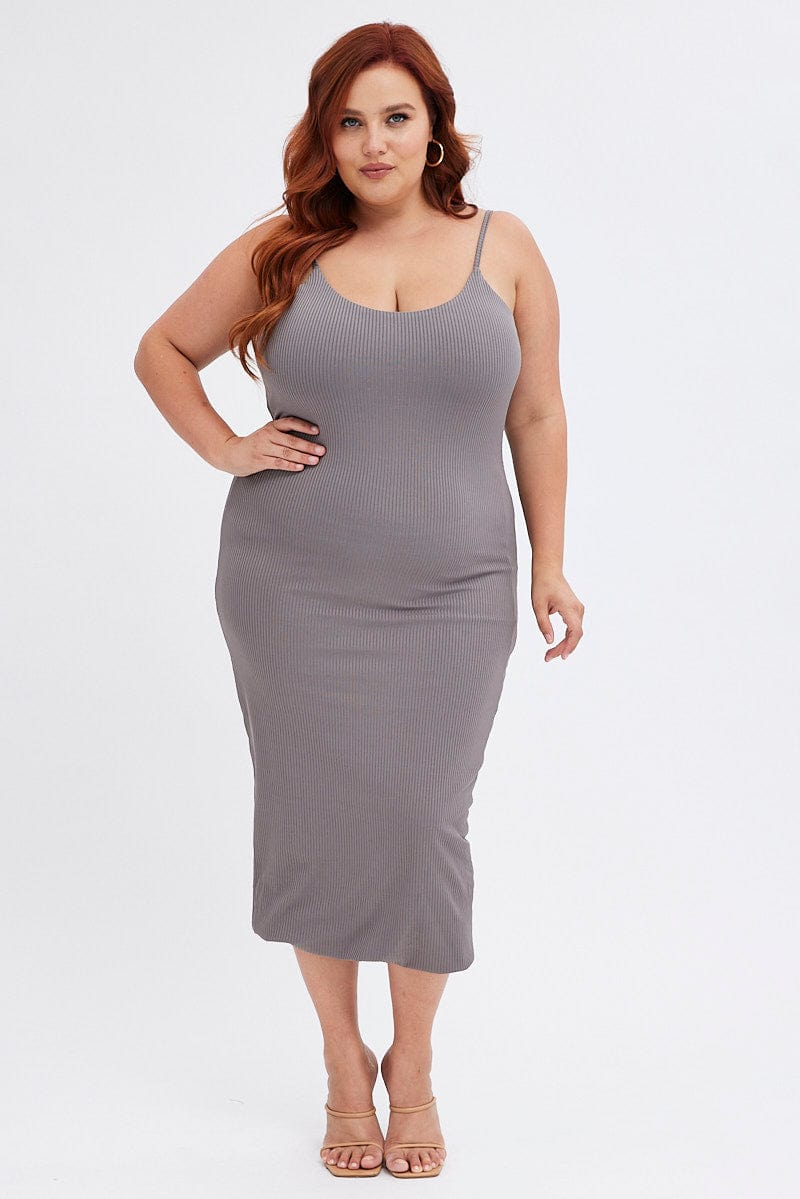 Grey Rib Jersey Midi Dress Tie Waist for YouandAll Fashion