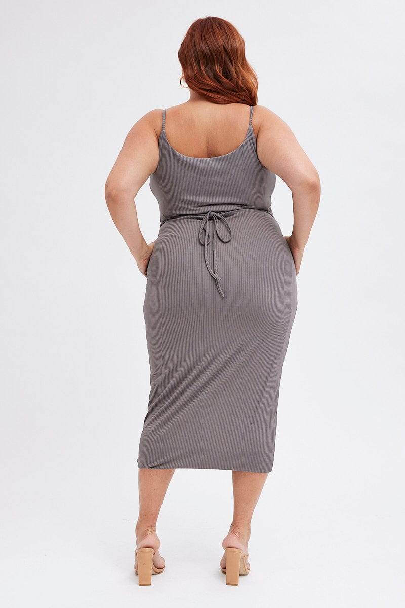 Grey Rib Jersey Midi Dress Tie Waist for YouandAll Fashion