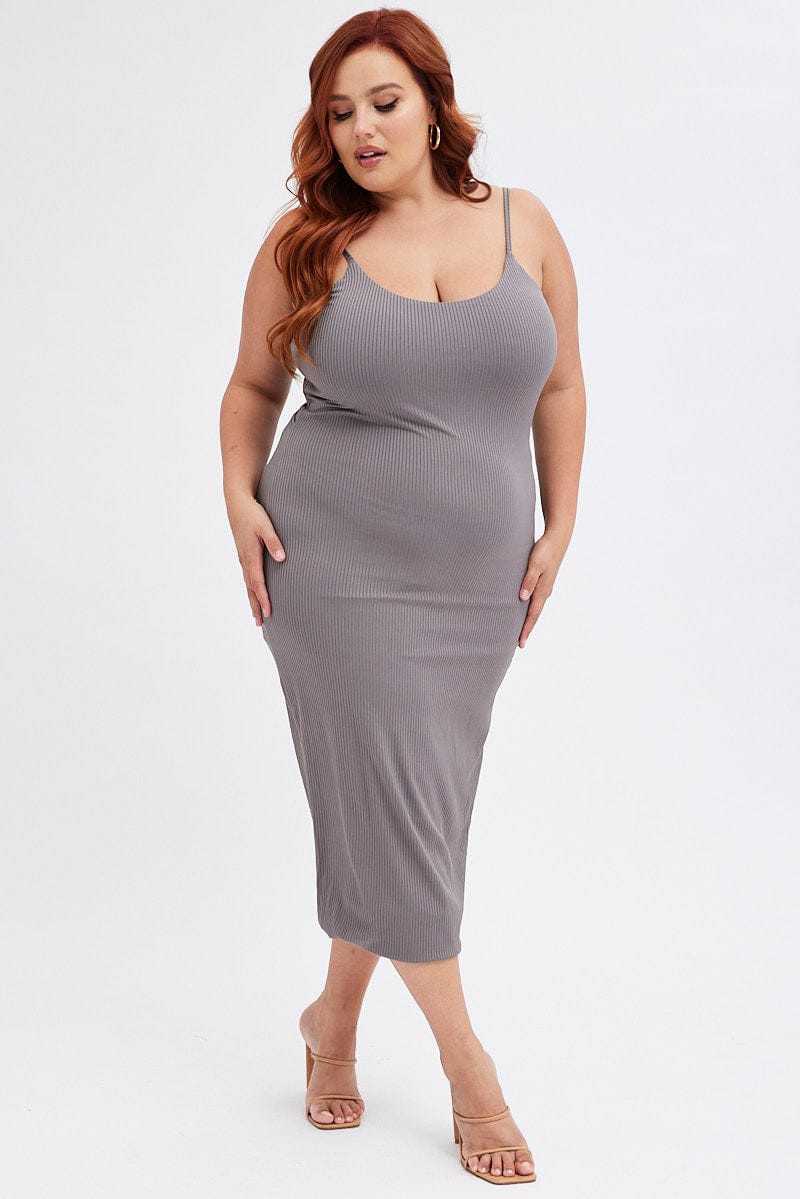 Grey Rib Jersey Midi Dress Tie Waist for YouandAll Fashion