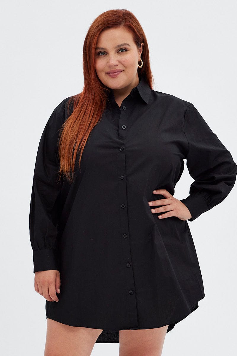 Black Cotton Shirtdress Oversized Long Sleeve for YouandAll Fashion
