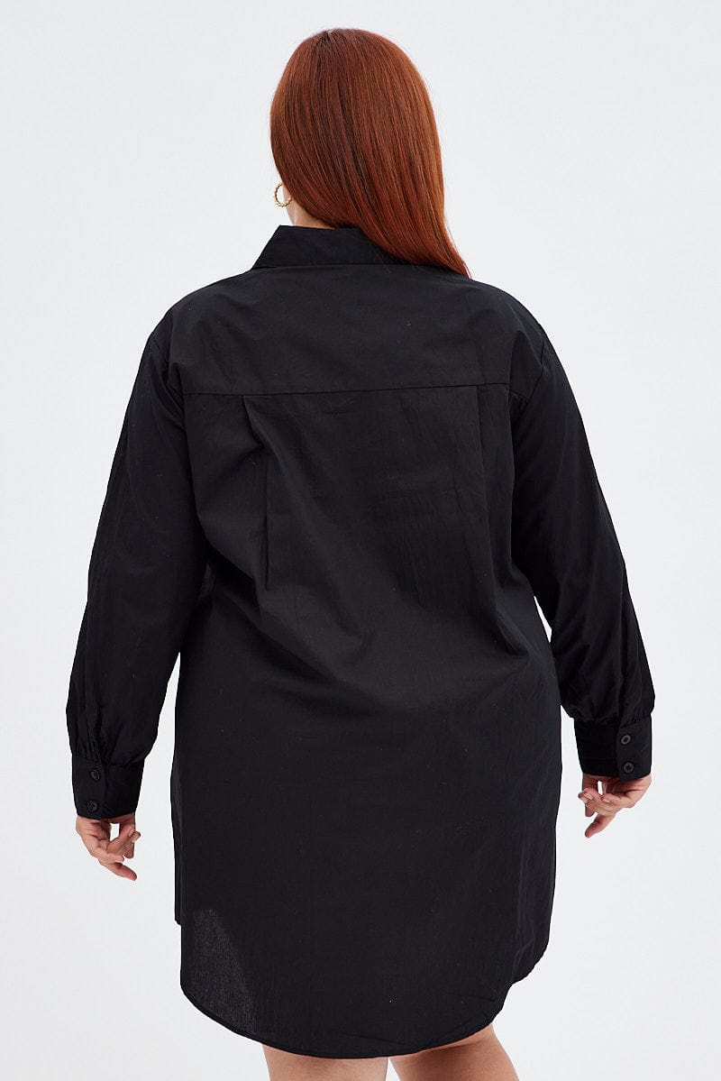 Black Cotton Shirtdress Oversized Long Sleeve for YouandAll Fashion