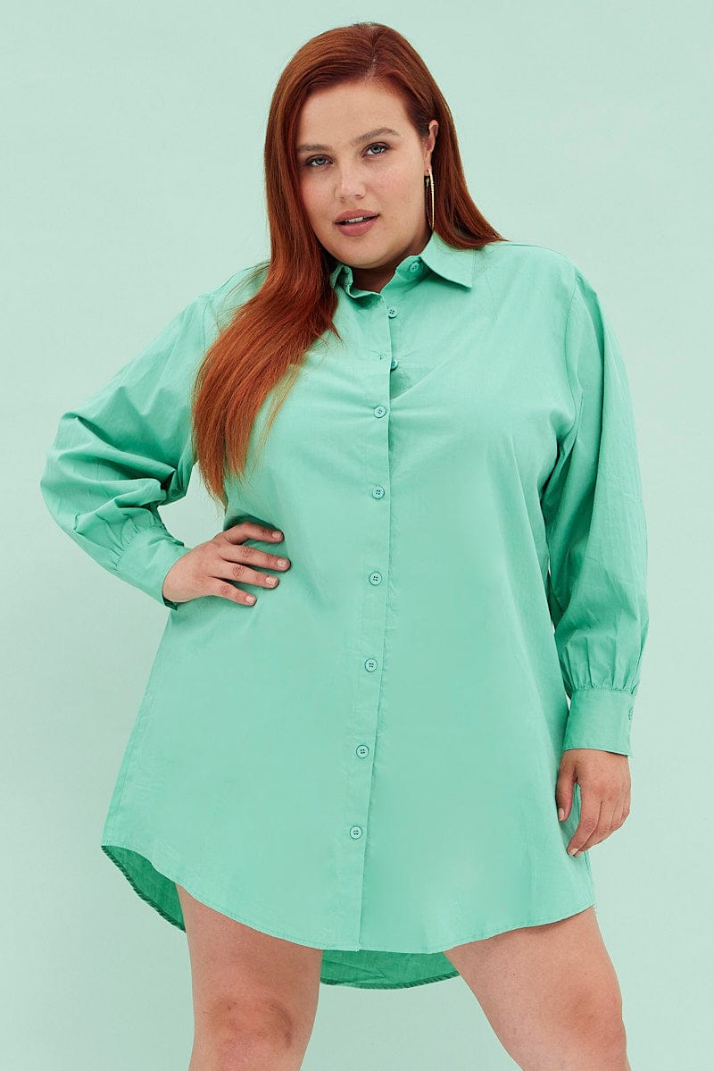 Green Cotton Shirtdress Oversized Long Sleeve for YouandAll Fashion