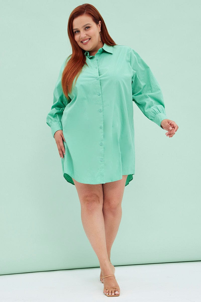 Green Cotton Shirtdress Oversized Long Sleeve for YouandAll Fashion